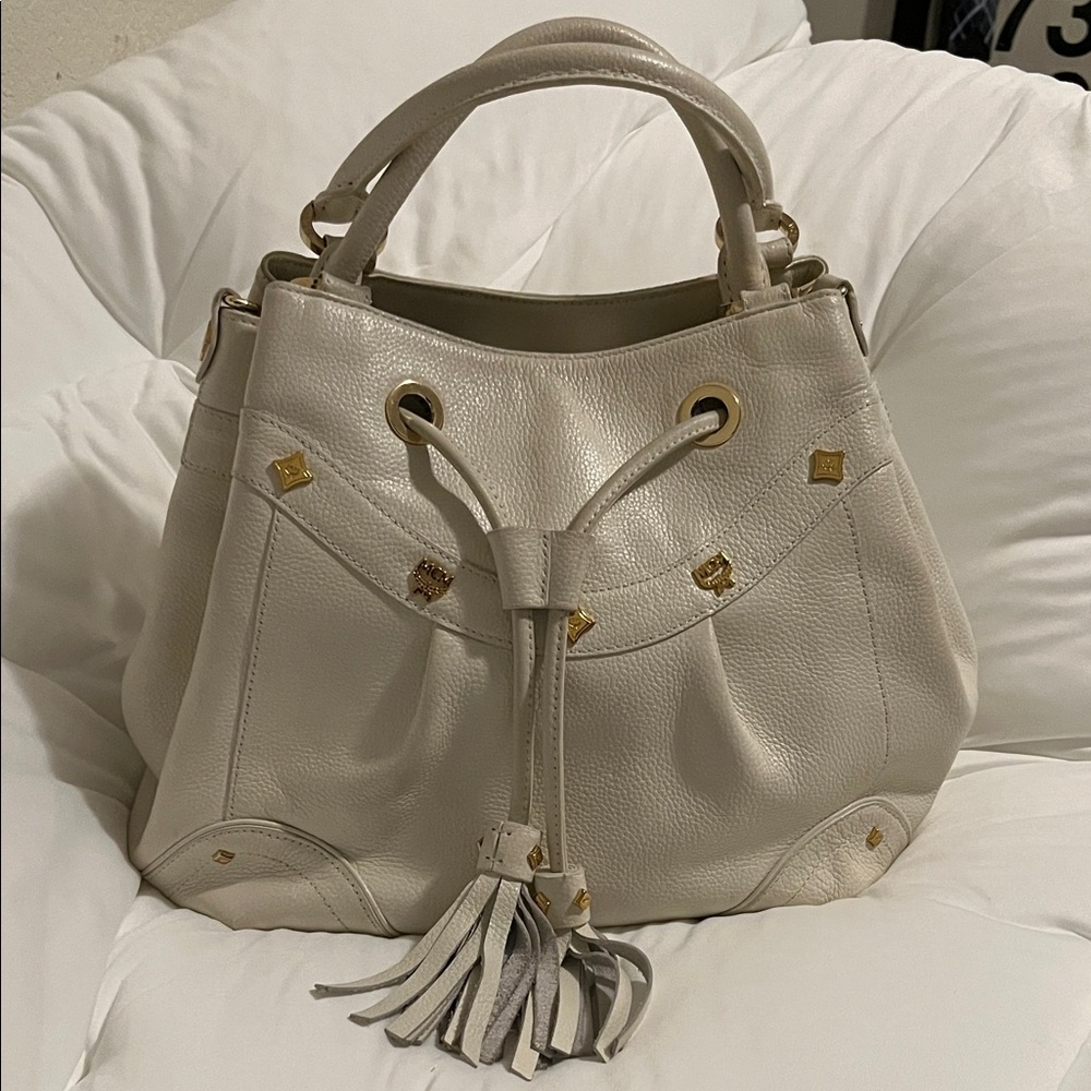 MCM Cream Leather Drawstring Tassel Shoulder Bag